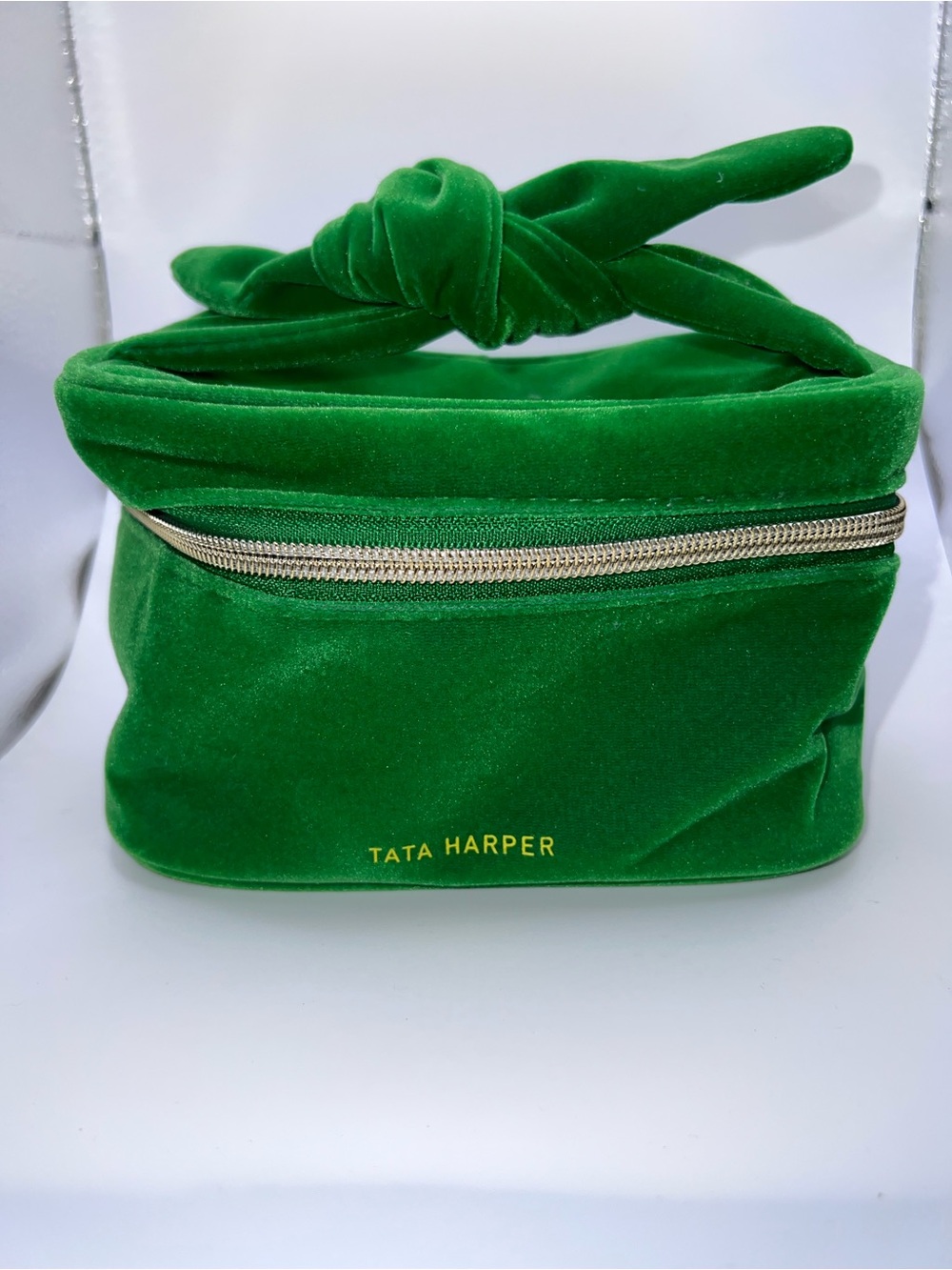 Tata Harper Emerald Green Velvet Cosmetic Case with Knot Handle